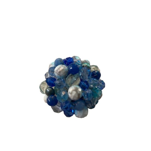 Mixed Blue Tones Beaded Cluster Brooch Statement 2.5" Diameter Pin - Picture 1 of 12